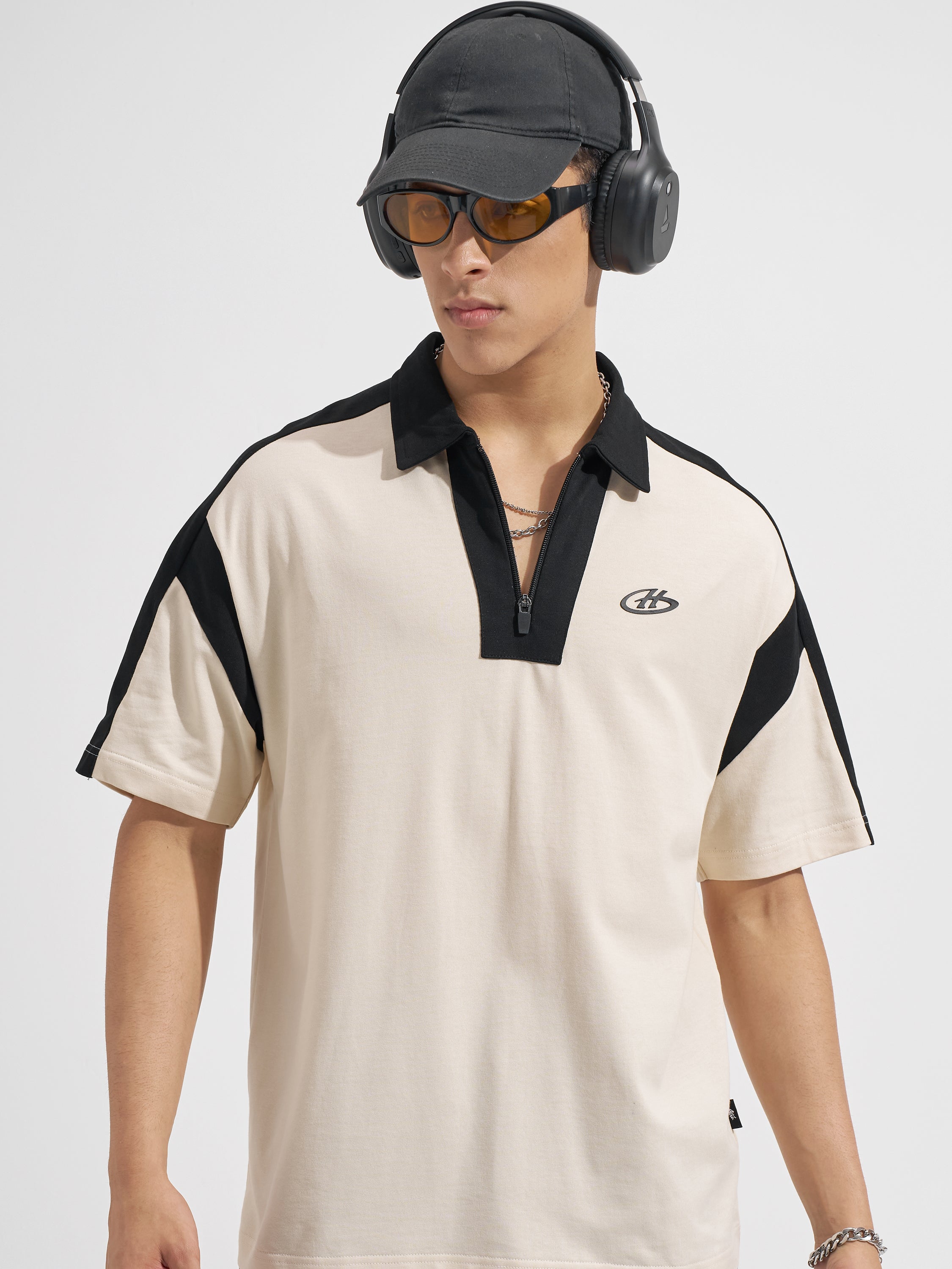 Highlander Men Beige Printed Polo Collar T-Shirt