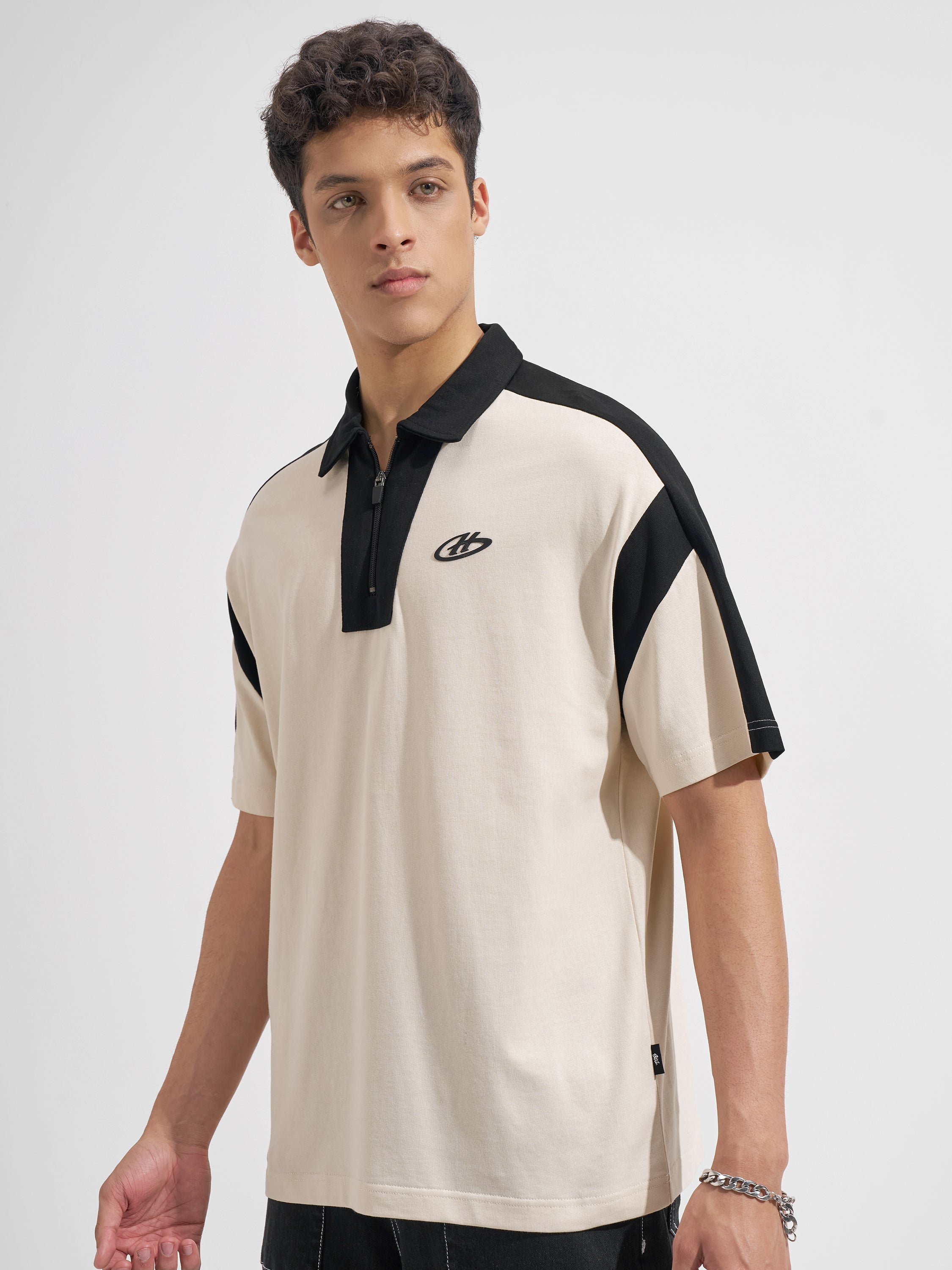 Highlander Men Beige Printed Polo Collar T-Shirt