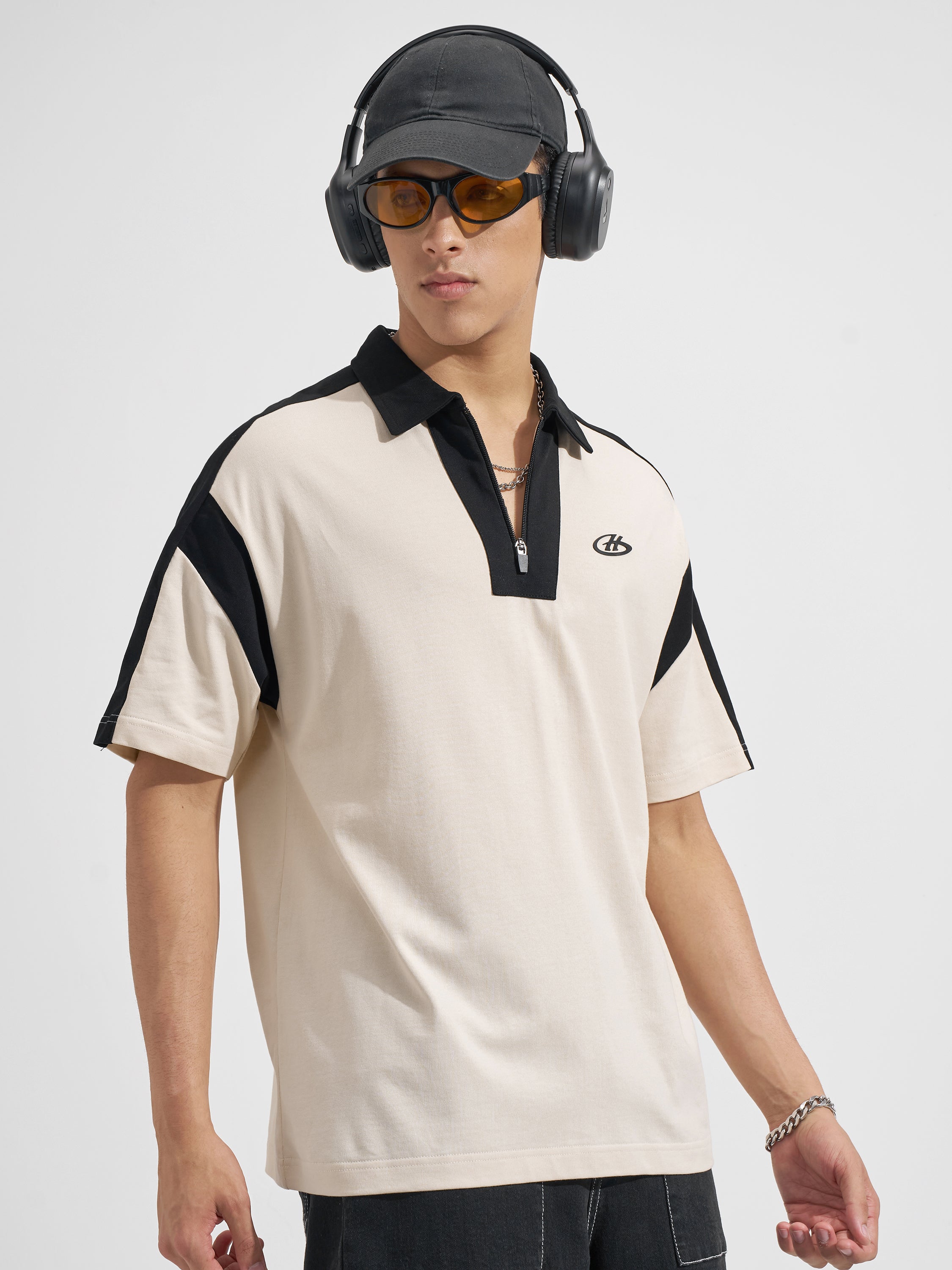 Highlander Men Beige Printed Polo Collar T-Shirt