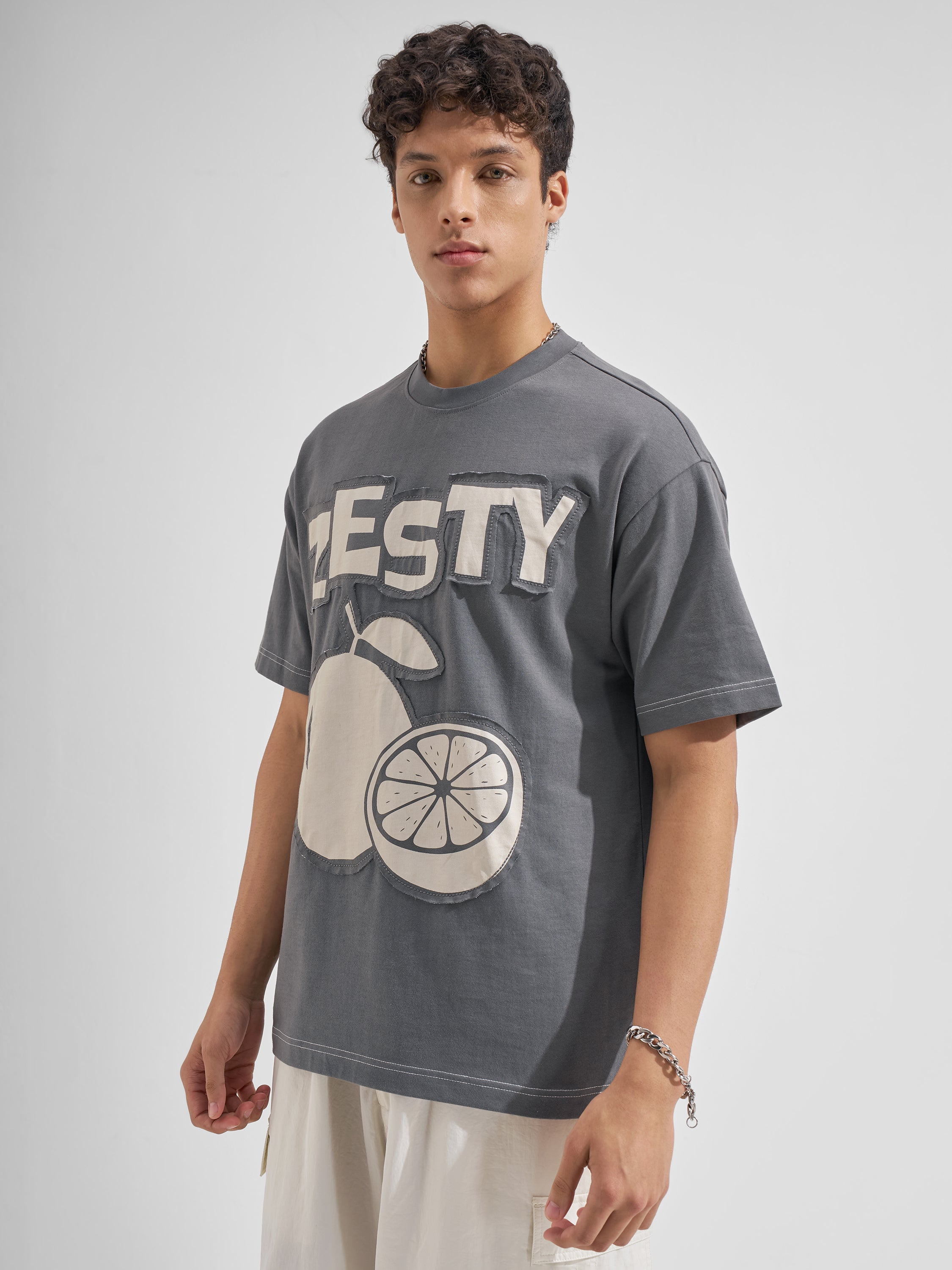 Highlander Men Grey Applique Round Neck  T-Shirt