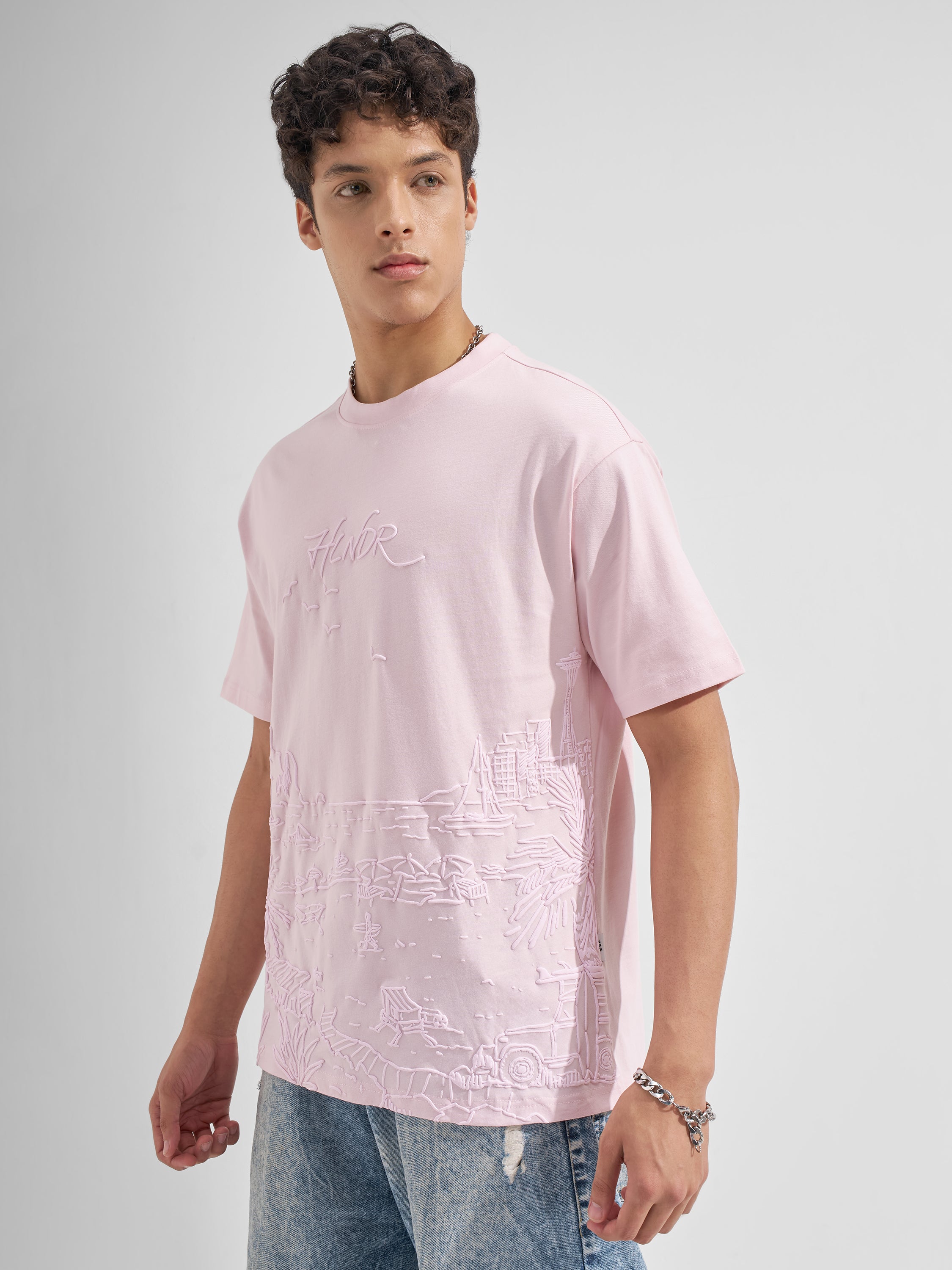 Highlander Men Pink Printed Round Neck  T-Shirt