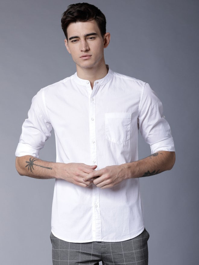 Mens White Slim Fit Solid Casual Shirt - White - Image 2