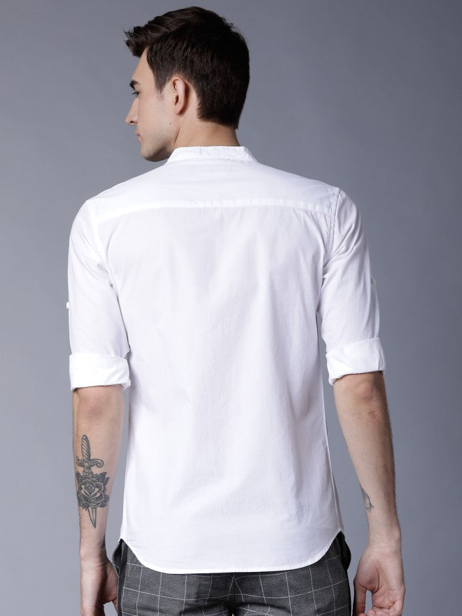 Mens White Slim Fit Solid Casual Shirt - White - Image 3