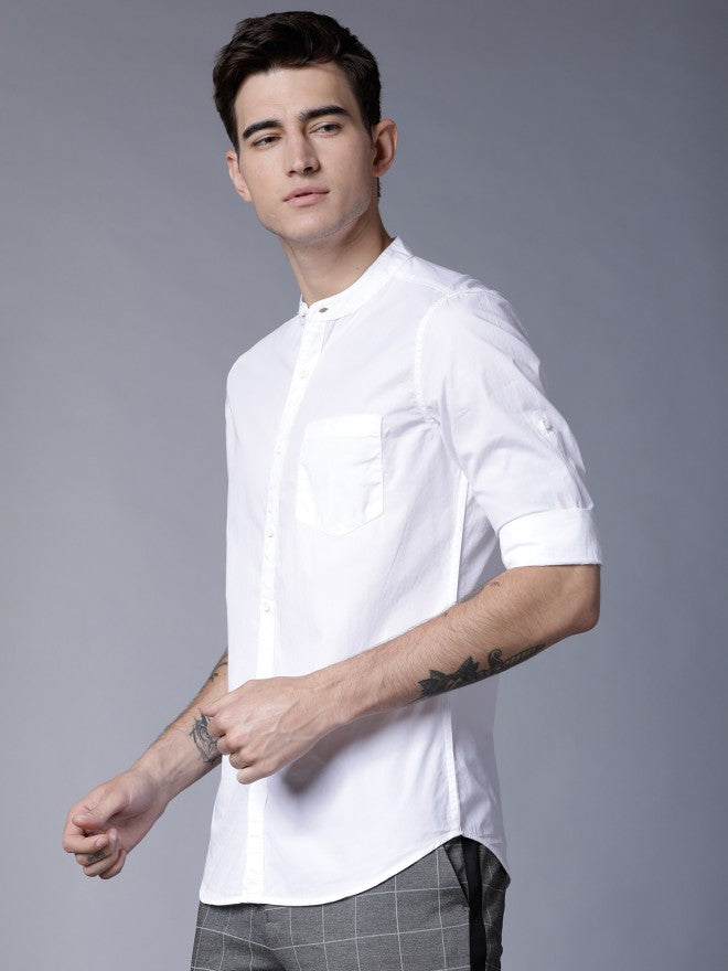 Mens White Slim Fit Solid Casual Shirt - White - Image 4