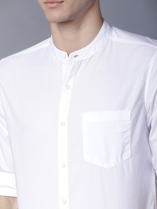 Mens White Slim Fit Solid Casual Shirt - White - Image 5