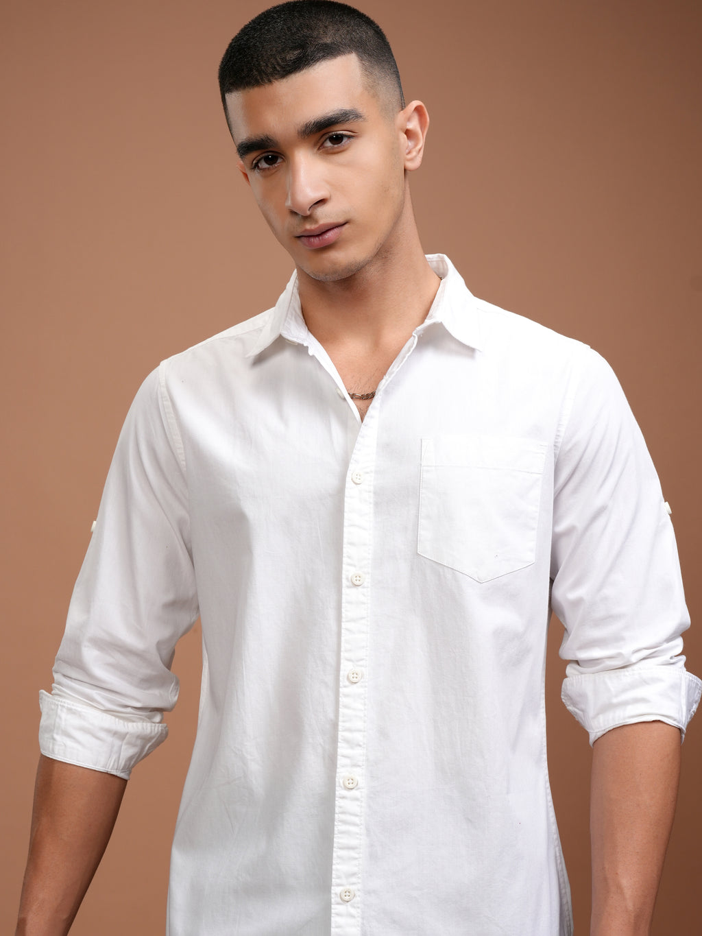 Mens White Slim Fit Solid Casual Shirt - White - Image 1