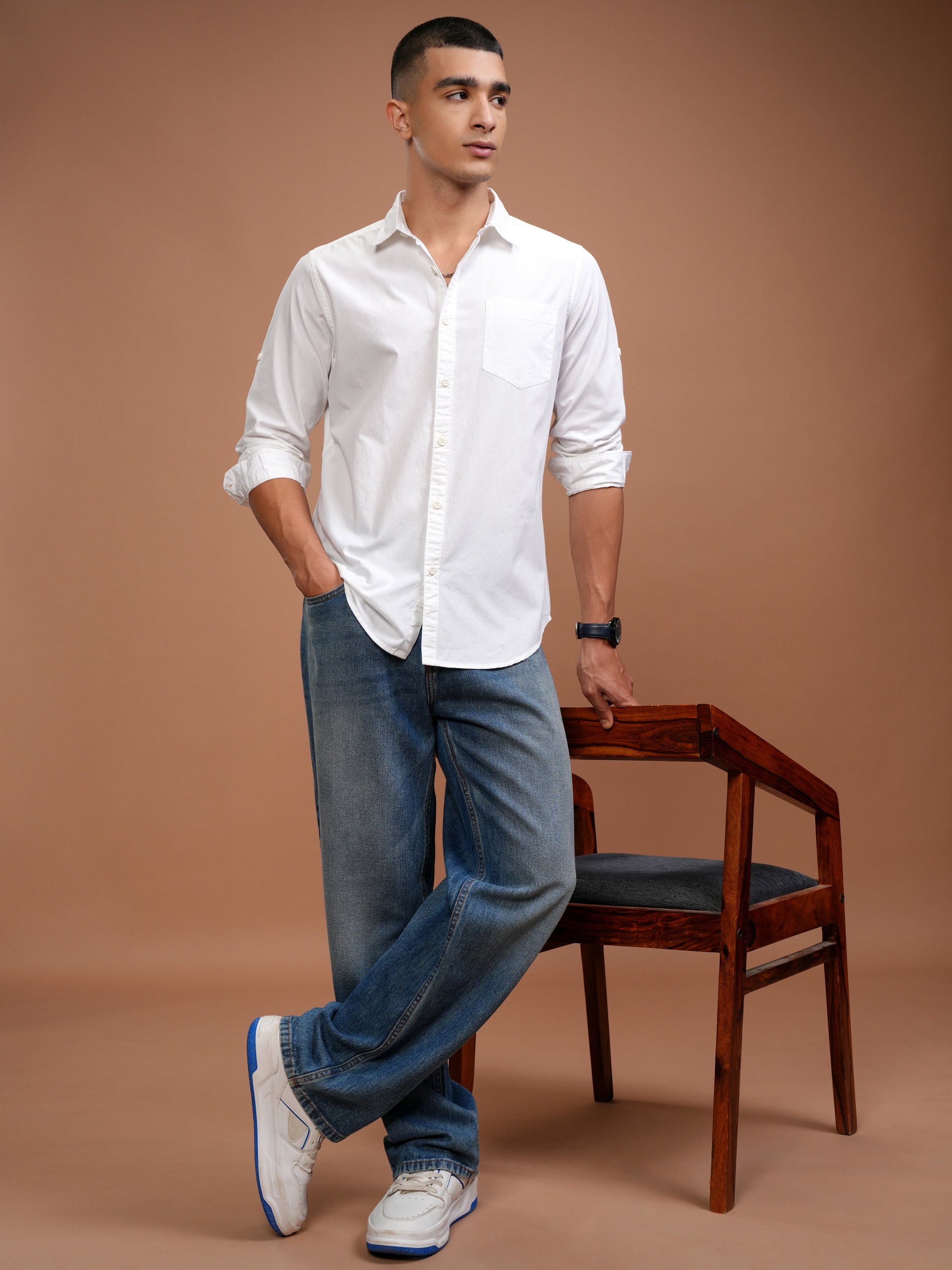 Mens White Slim Fit Solid Casual Shirt - White - Image 2