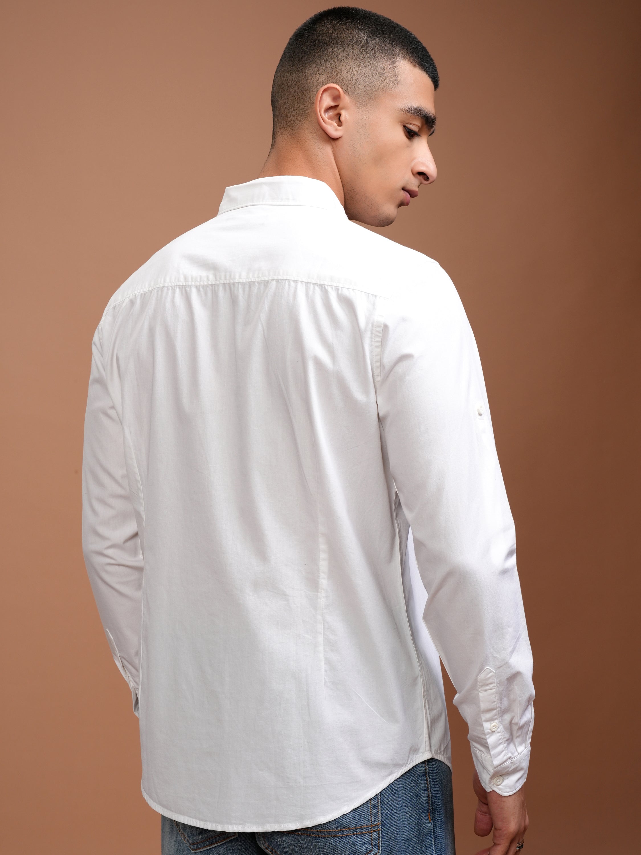 Mens White Slim Fit Solid Casual Shirt - White - Image 3