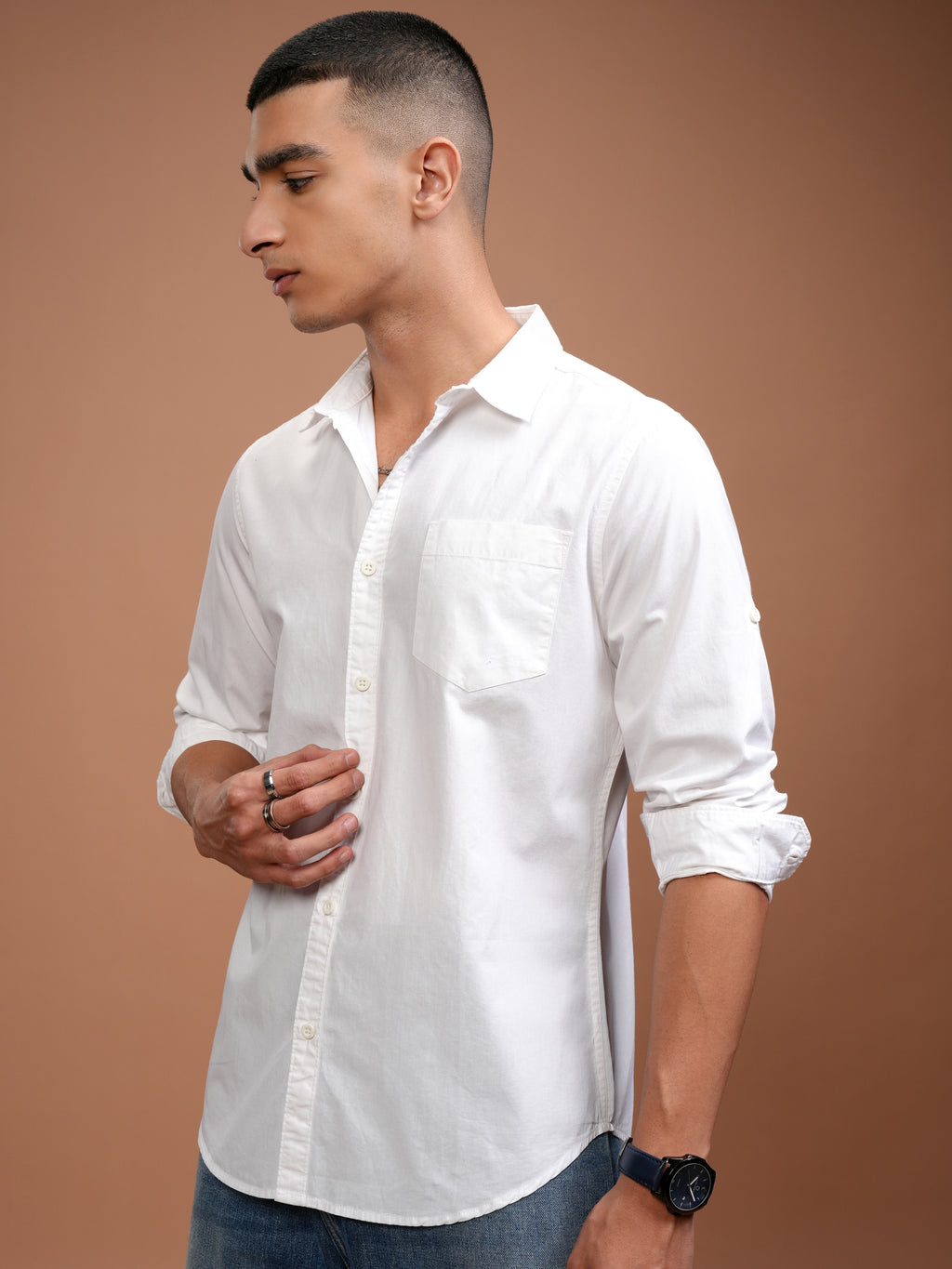 Mens White Slim Fit Solid Casual Shirt - White - Image 4