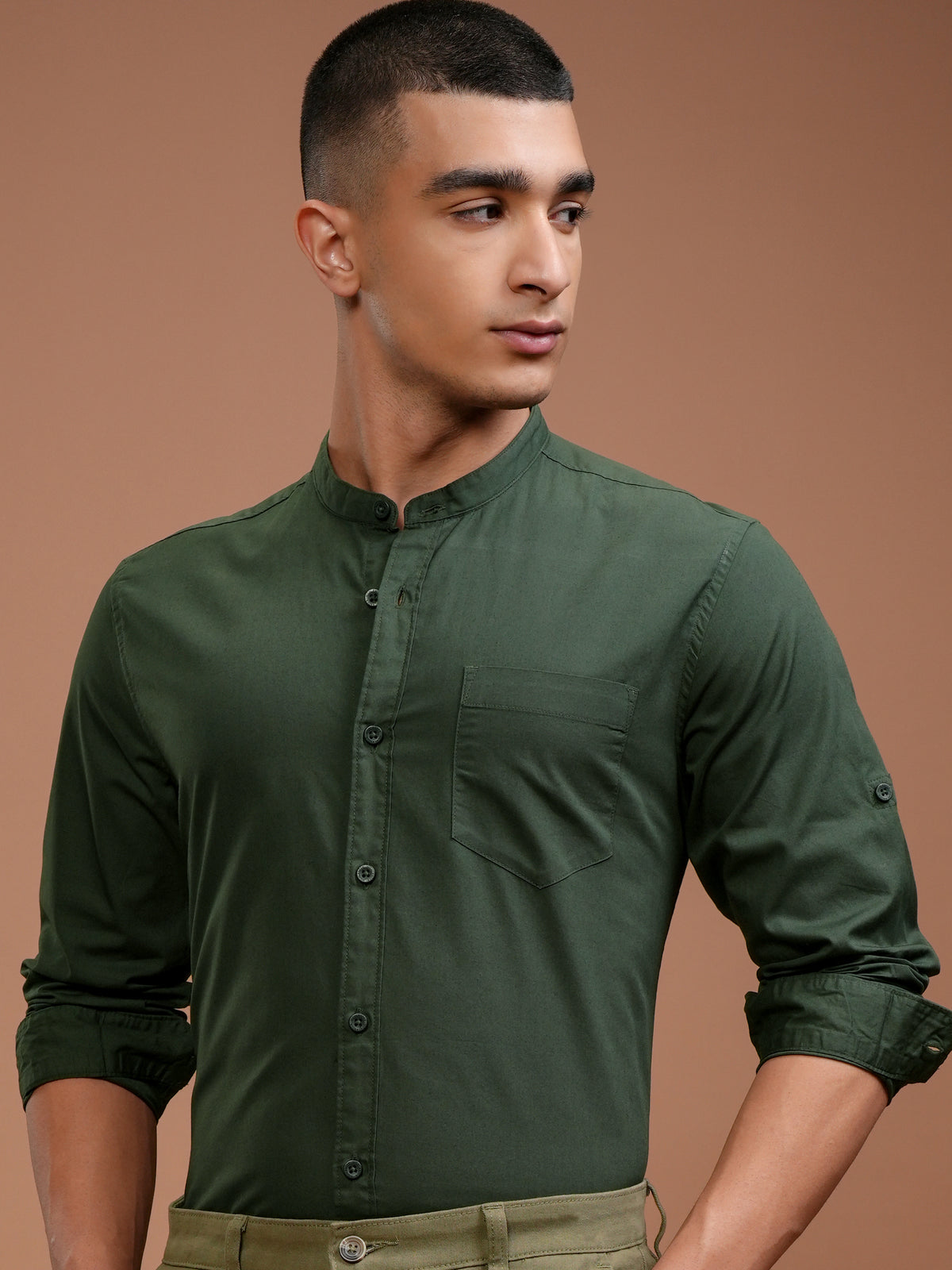 Mens Dark Olive Slim Fit Solid Casual Shirt - Olive - Image 1