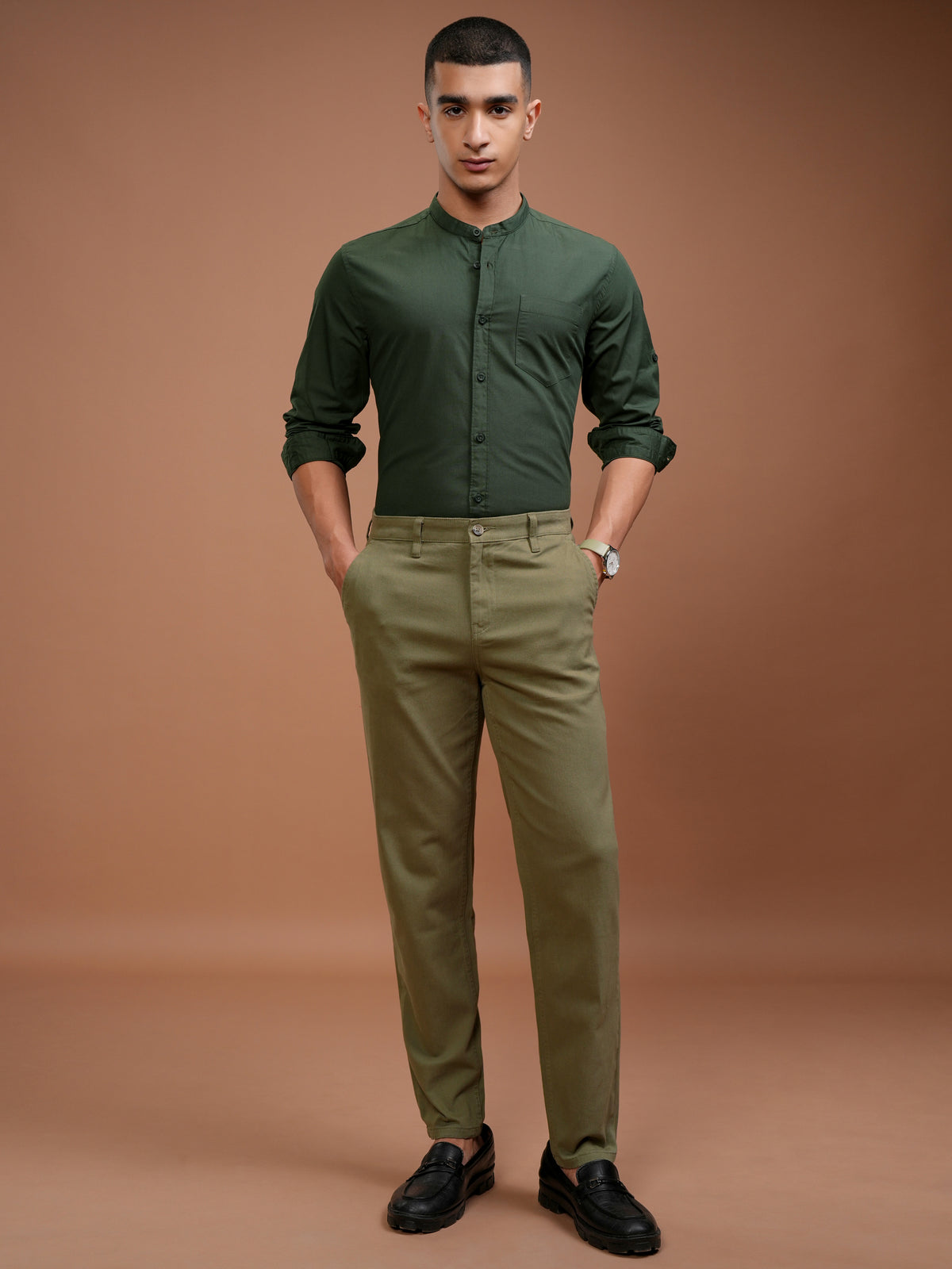 Mens Dark Olive Slim Fit Solid Casual Shirt - Olive - Image 2