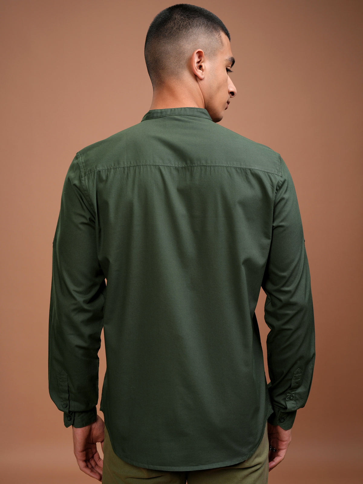 Mens Dark Olive Slim Fit Solid Casual Shirt - Olive - Image 3