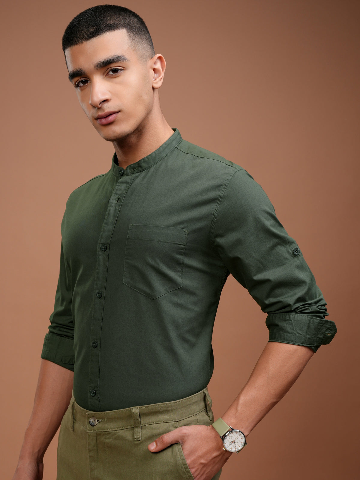 Mens Dark Olive Slim Fit Solid Casual Shirt - Olive - Image 4