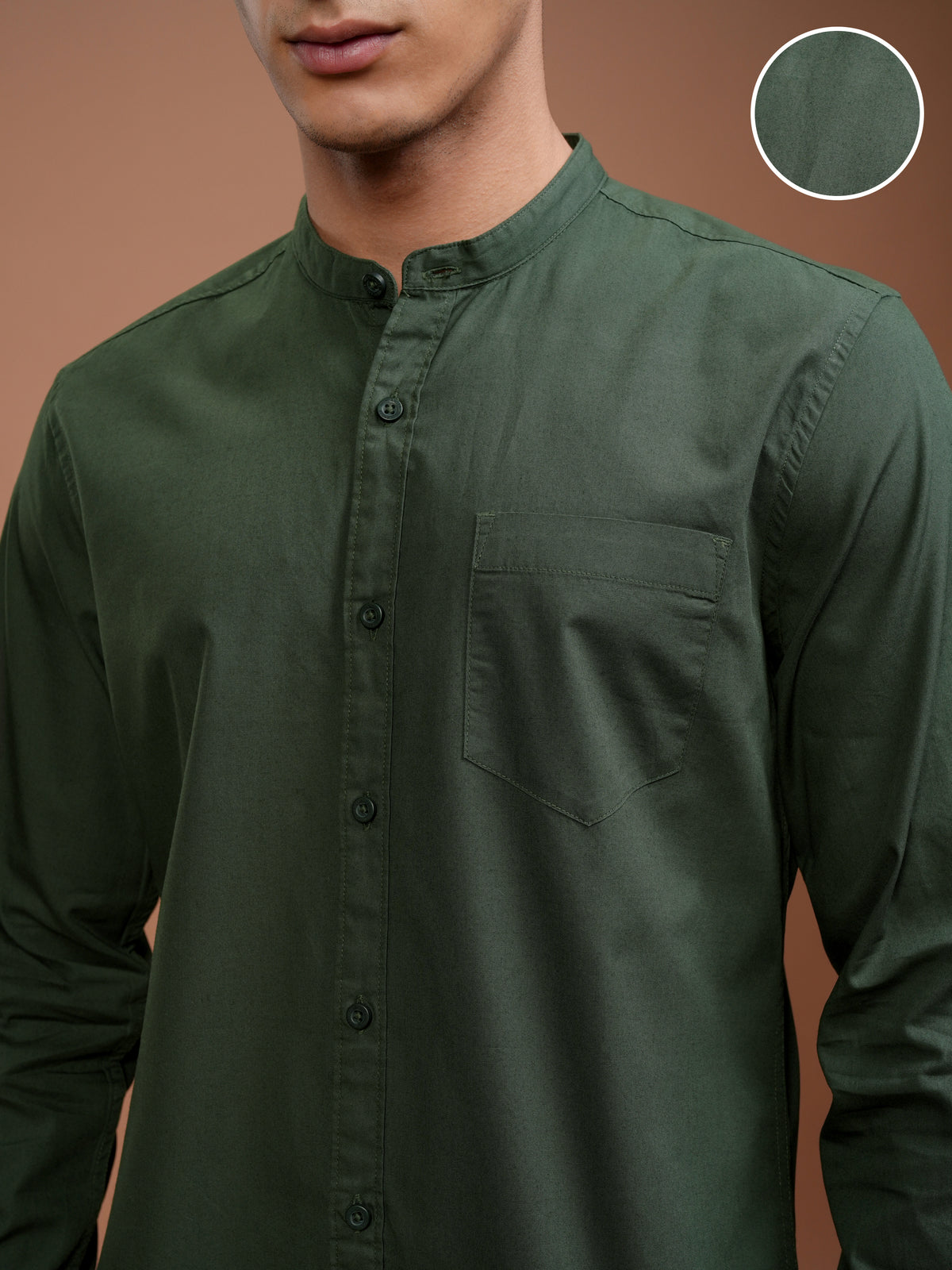 Mens Dark Olive Slim Fit Solid Casual Shirt - Olive - Image 5
