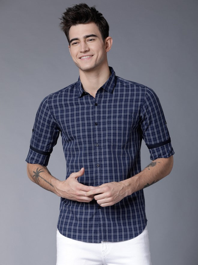 Mens Blue & White Slim Fit Checked Casual Shirt - Navy Blue - Image 2