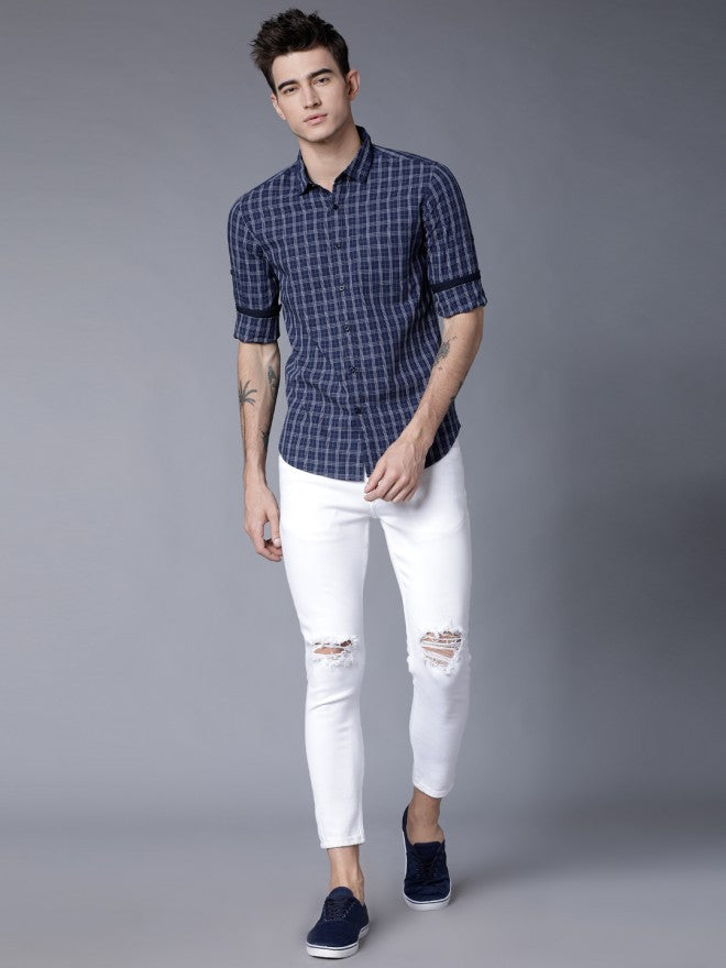 Mens Blue & White Slim Fit Checked Casual Shirt - Navy Blue - Image 1