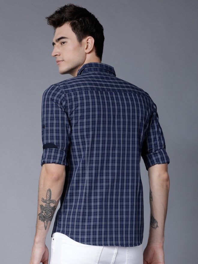 Mens Blue & White Slim Fit Checked Casual Shirt - Navy Blue - Image 3