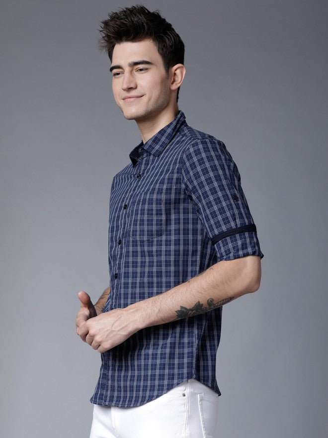 Mens Blue & White Slim Fit Checked Casual Shirt - Navy Blue - Image 4