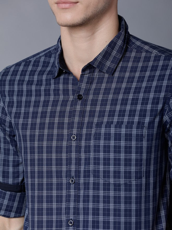 Mens Blue & White Slim Fit Checked Casual Shirt - Navy Blue - Image 5
