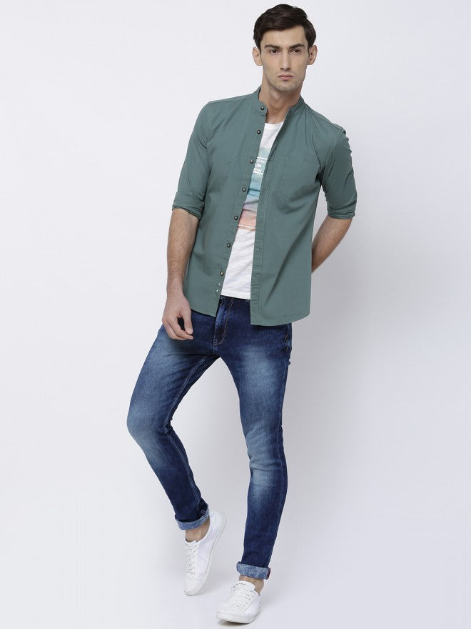Mens Teal Blue Slim Fit Solid Casual Shirt - Teal - Image 1