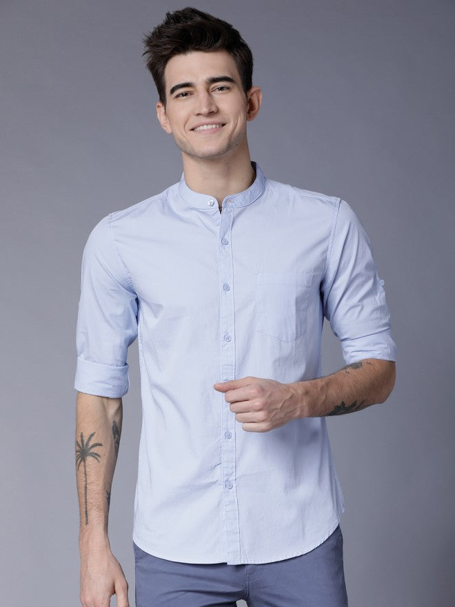 Mens Blue Slim Fit Solid Casual Shirt - Blue - Image 2