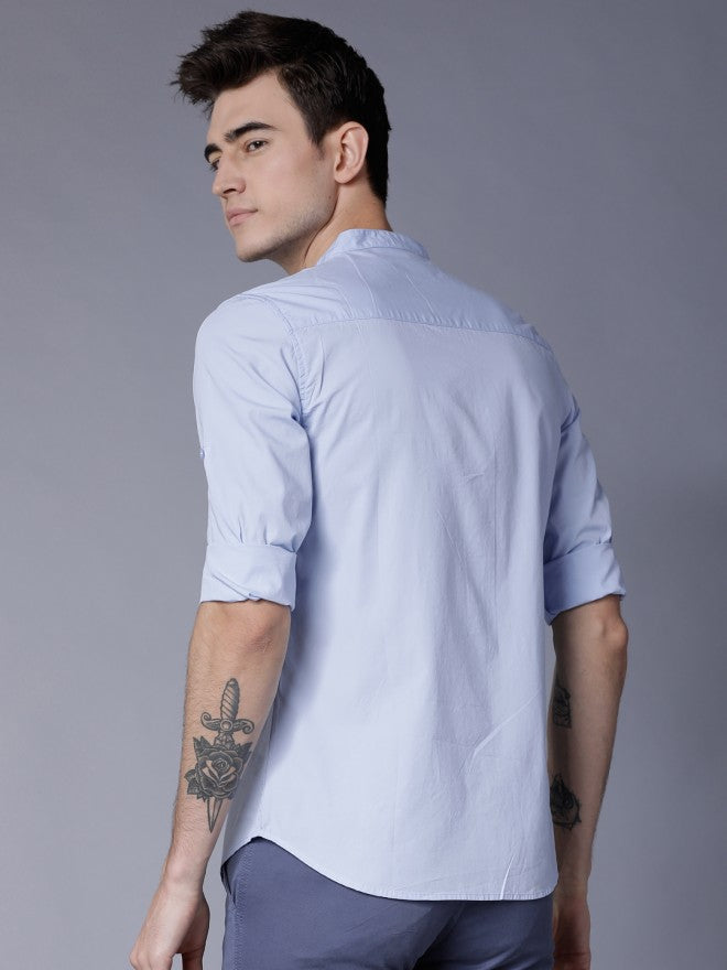 Mens Blue Slim Fit Solid Casual Shirt - Blue - Image 3