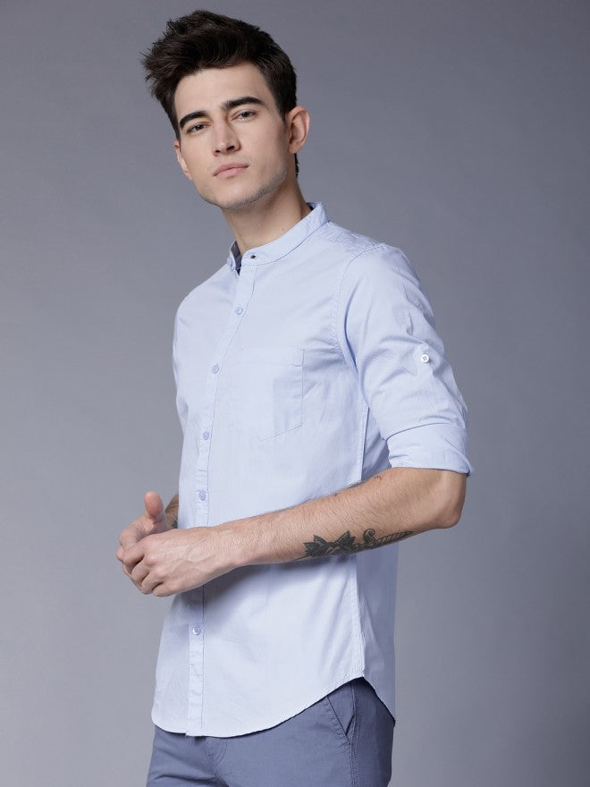 Mens Blue Slim Fit Solid Casual Shirt - Blue - Image 4