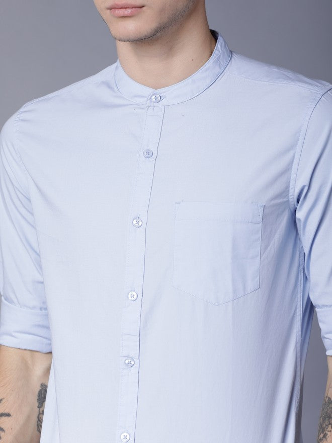 Mens Blue Slim Fit Solid Casual Shirt - Blue - Image 5