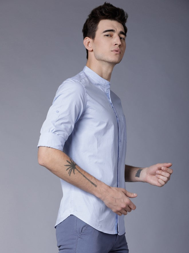 Mens Blue Slim Fit Solid Casual Shirt - Blue - Image 6