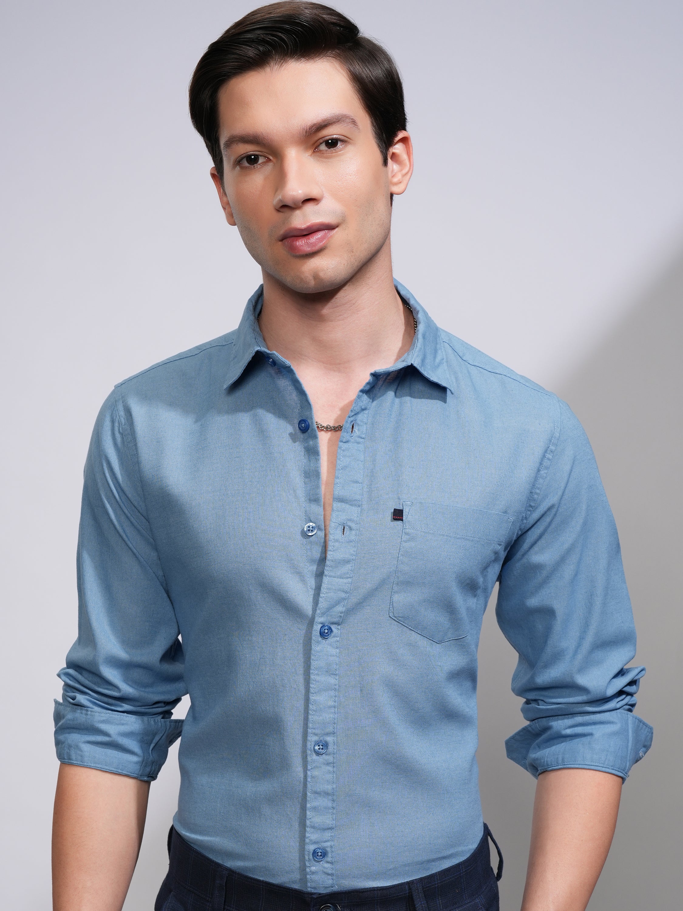 Mens Blue Slim Fit Solid Casual Shirt - Blue - Image 1