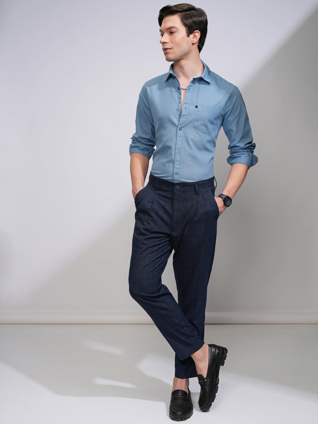 Mens Blue Slim Fit Solid Casual Shirt - Blue - Image 2