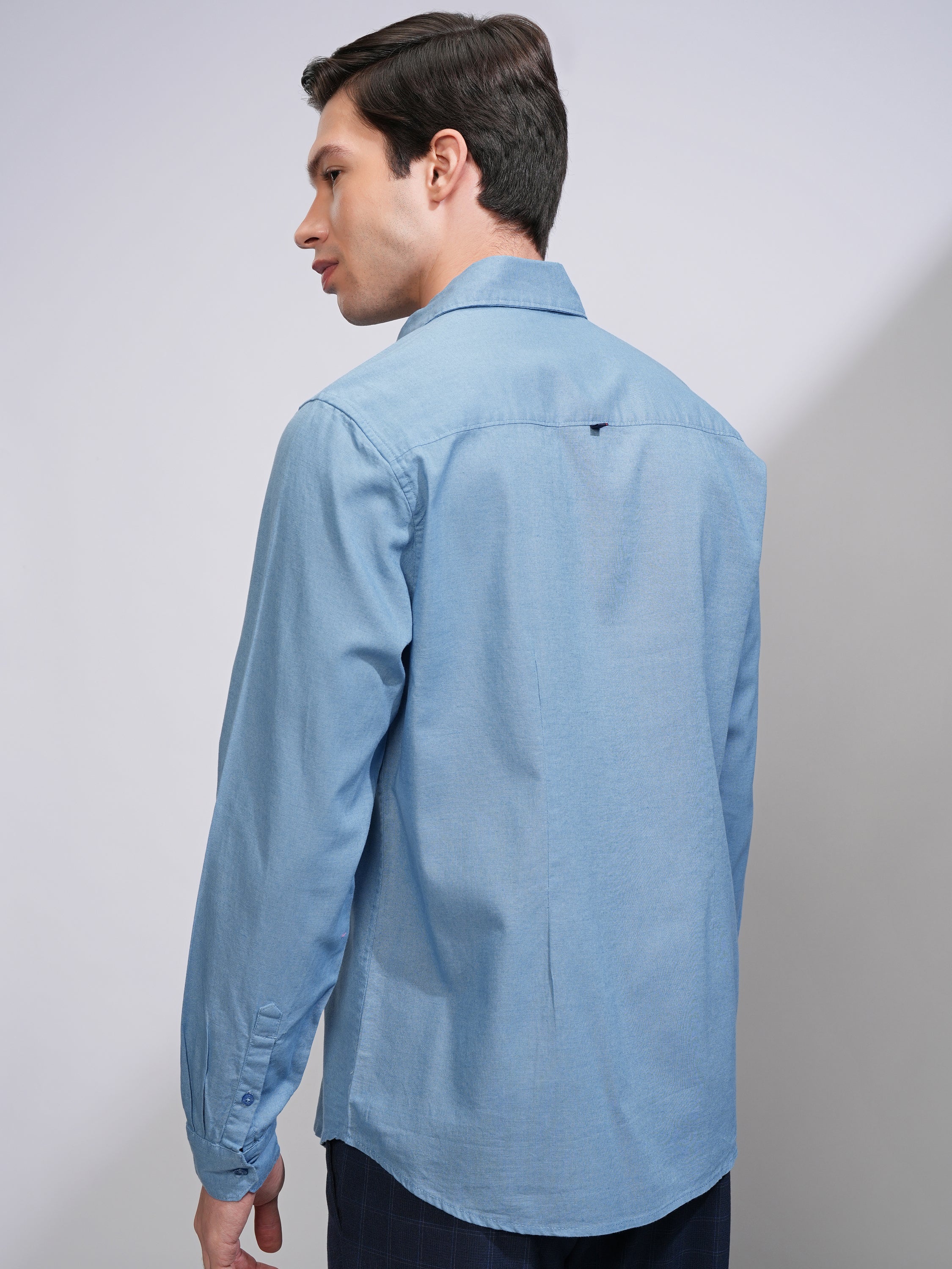 Mens Blue Slim Fit Solid Casual Shirt - Blue - Image 3