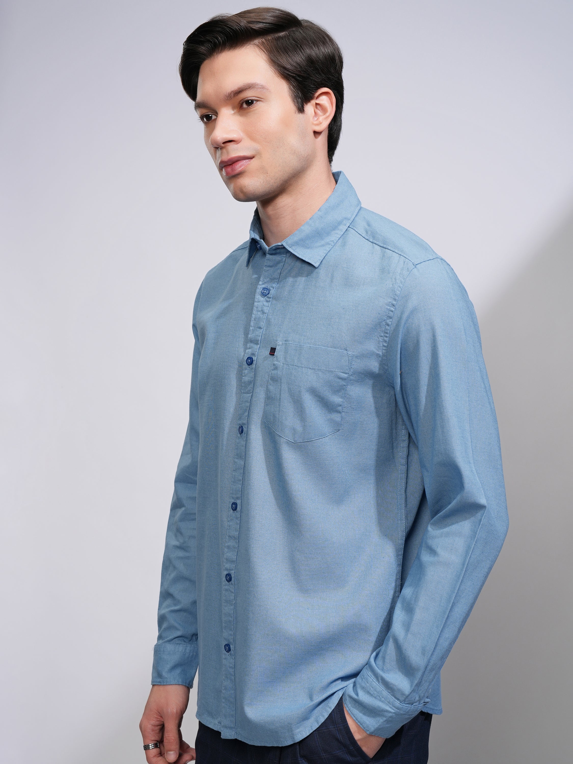 Mens Blue Slim Fit Solid Casual Shirt - Blue - Image 4