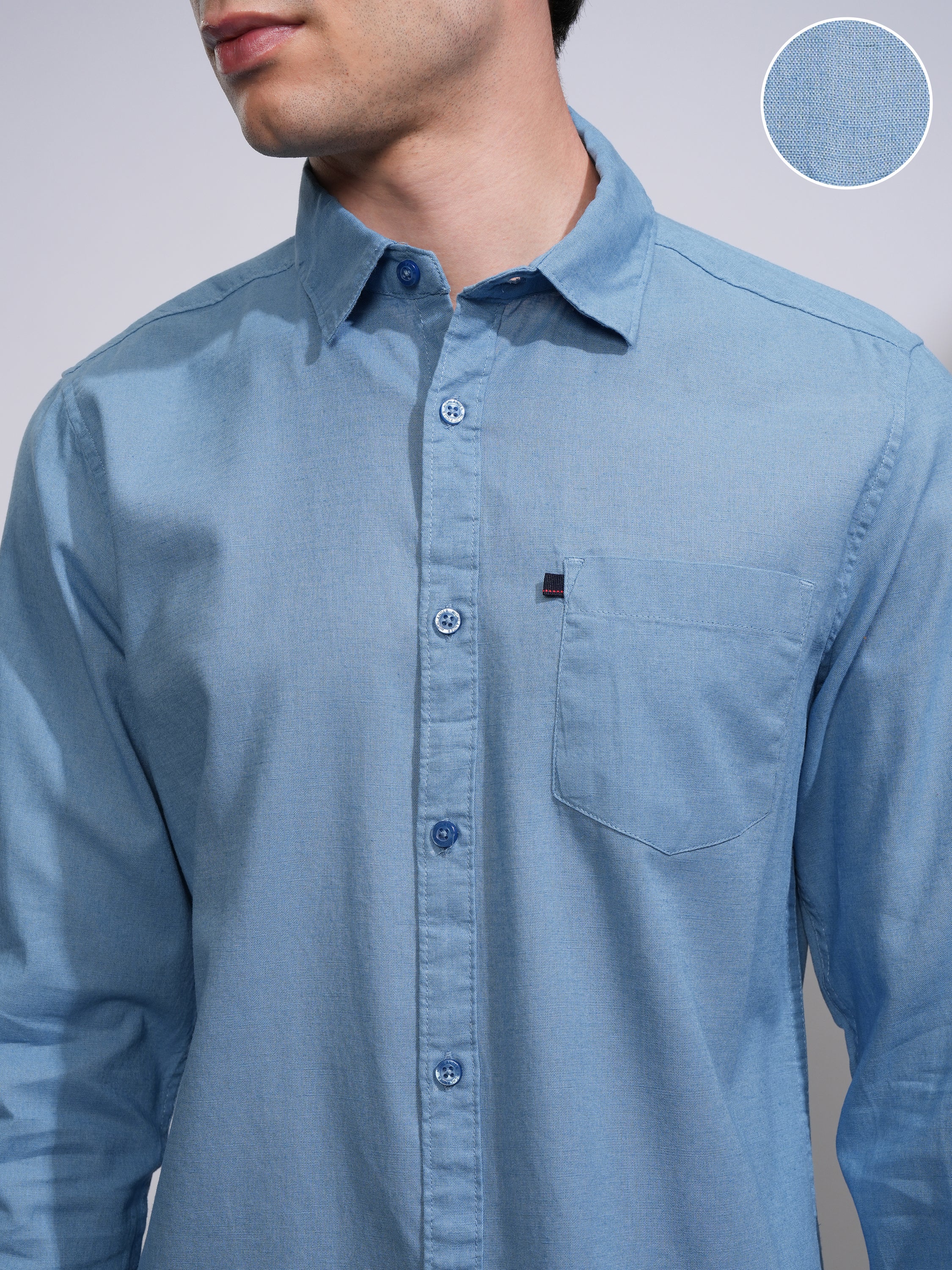 Mens Blue Slim Fit Solid Casual Shirt - Blue - Image 5