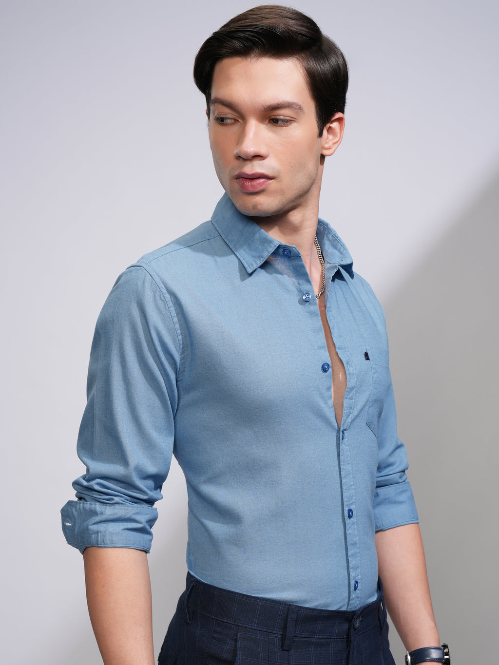 Mens Blue Slim Fit Solid Casual Shirt - Blue - Image 6