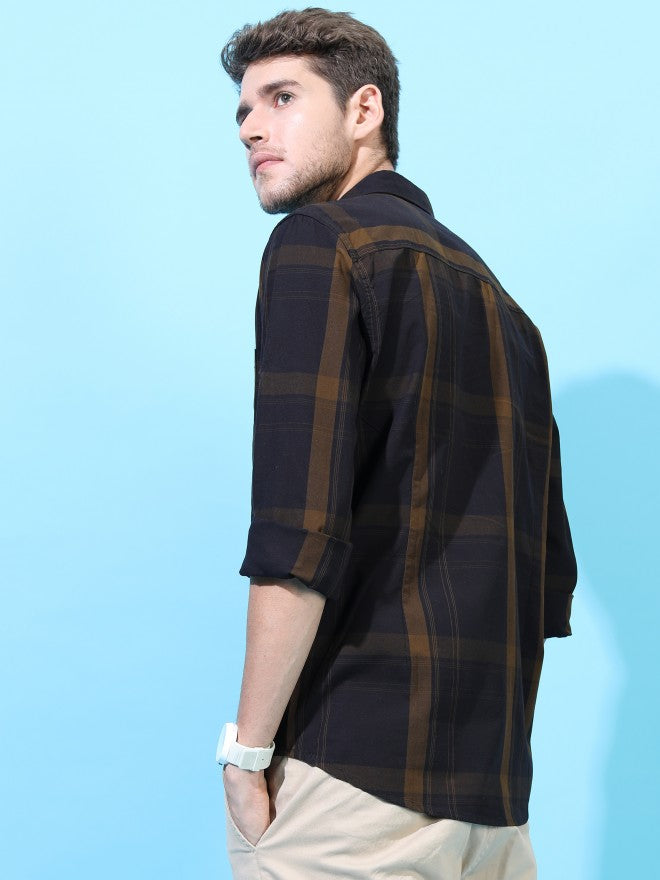 Mens Black/Olive Slim Fit Checked Casual Shirt - Black - Image 3