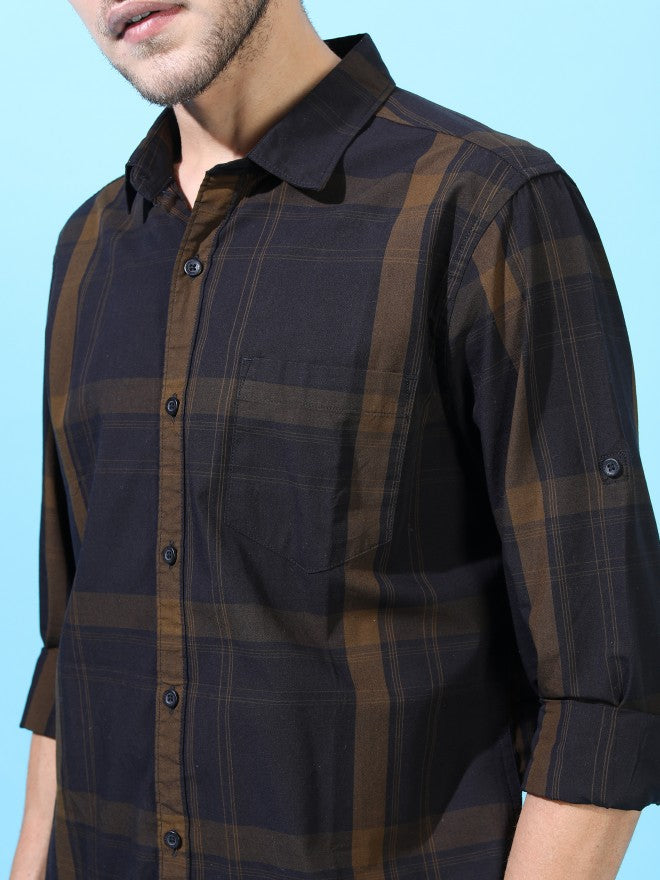 Mens Black/Olive Slim Fit Checked Casual Shirt - Black - Image 4