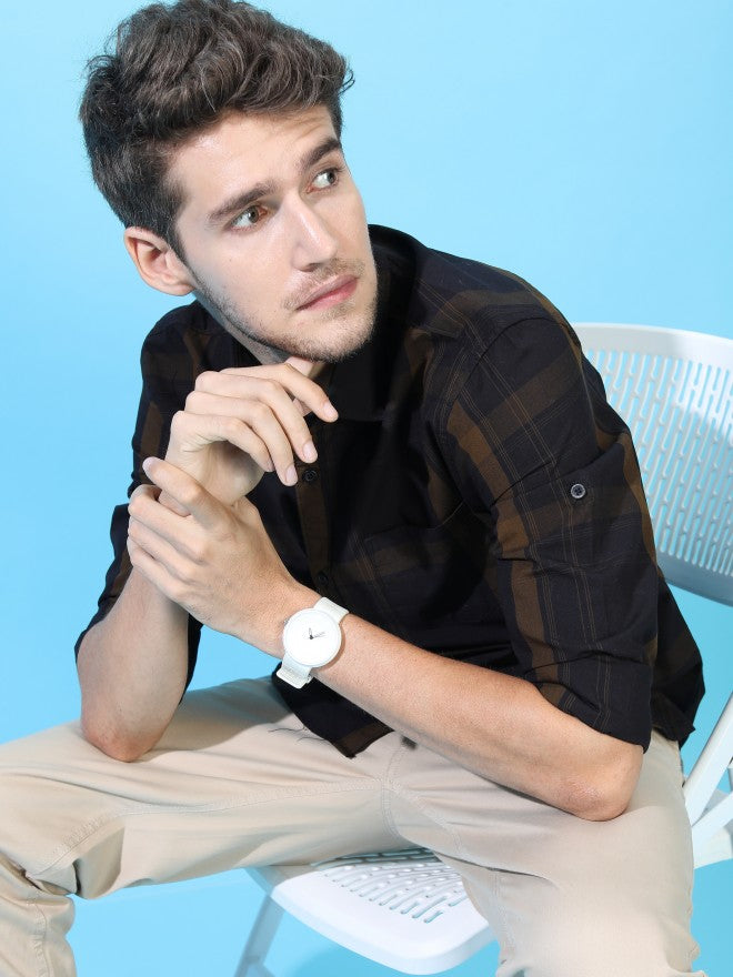 Mens Black/Olive Slim Fit Checked Casual Shirt - Black - Image 5