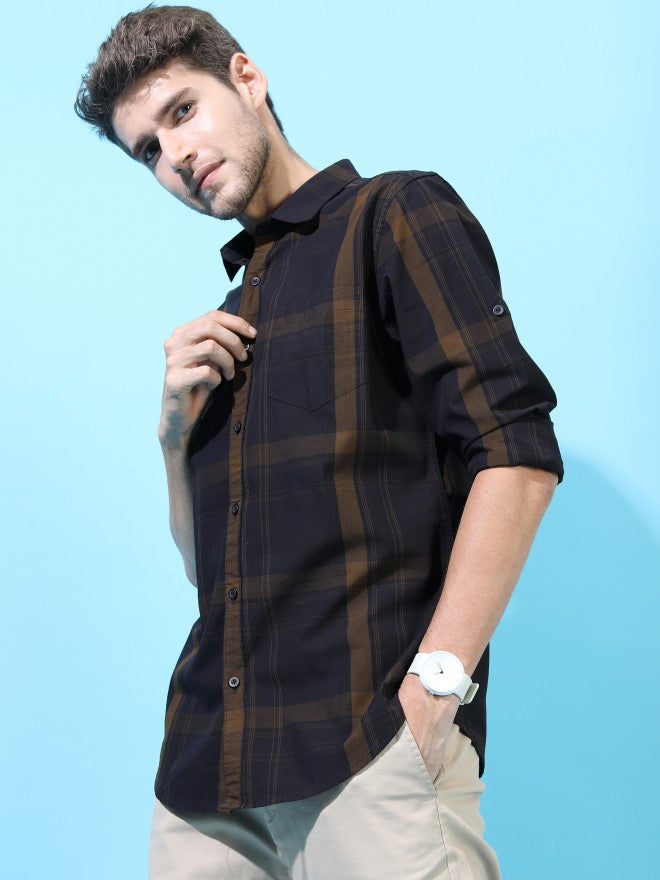 Mens Black/Olive Slim Fit Checked Casual Shirt - Black - Image 6