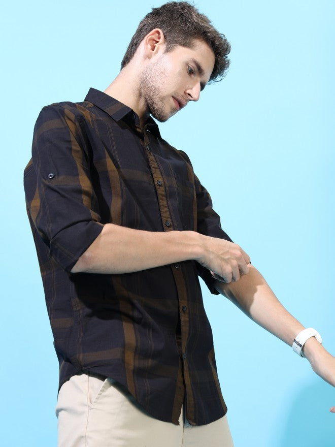 Mens Black/Olive Slim Fit Checked Casual Shirt - Black - Image 7