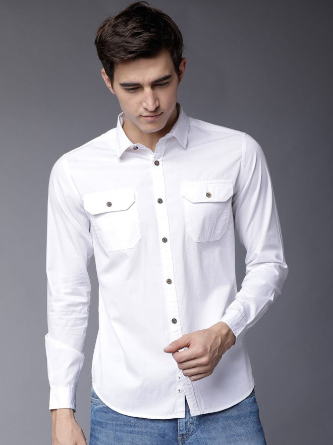 Mens White Slim Fit Solid Casual Shirt - White - Image 2