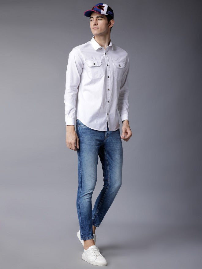 Mens White Slim Fit Solid Casual Shirt - White - Image 1