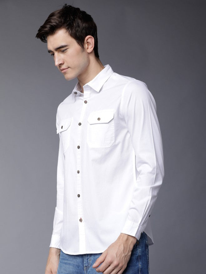 Mens White Slim Fit Solid Casual Shirt - White - Image 4