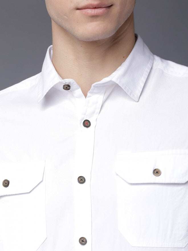 Mens White Slim Fit Solid Casual Shirt - White - Image 5