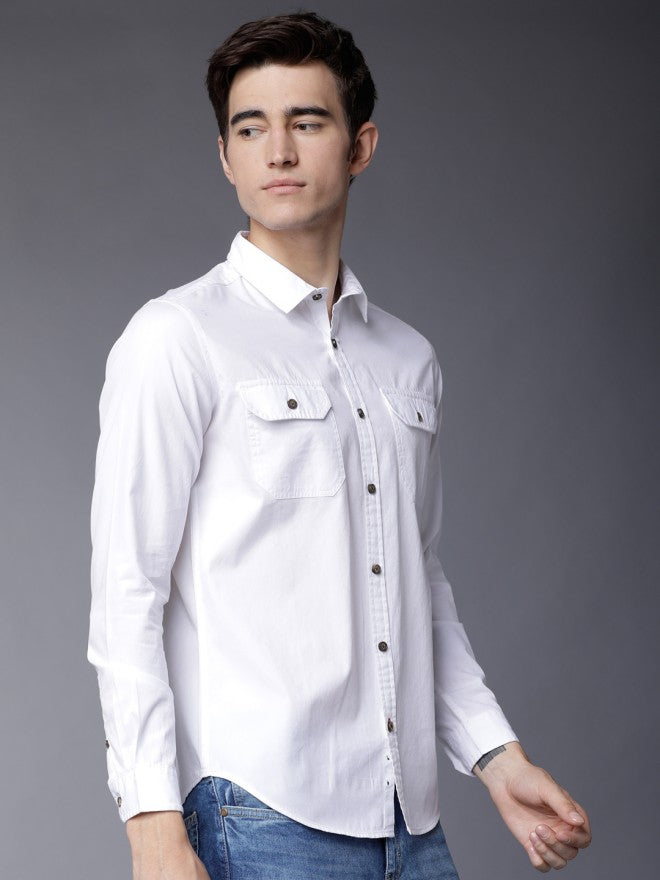 Mens White Slim Fit Solid Casual Shirt - White - Image 6