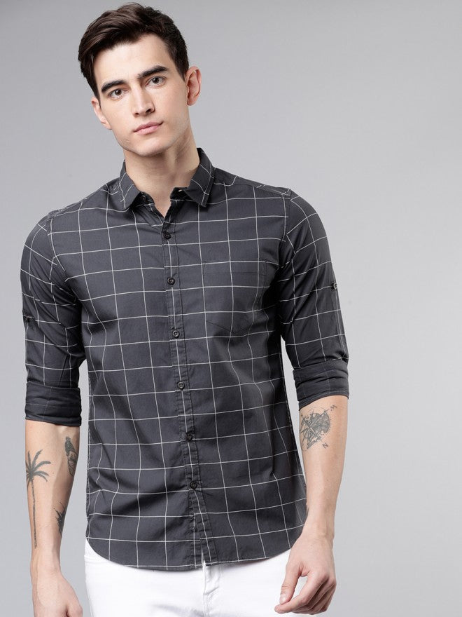 Mens Charcoal Grey & White Slim Fit Checked Casual Shirt - Grey - Image 2