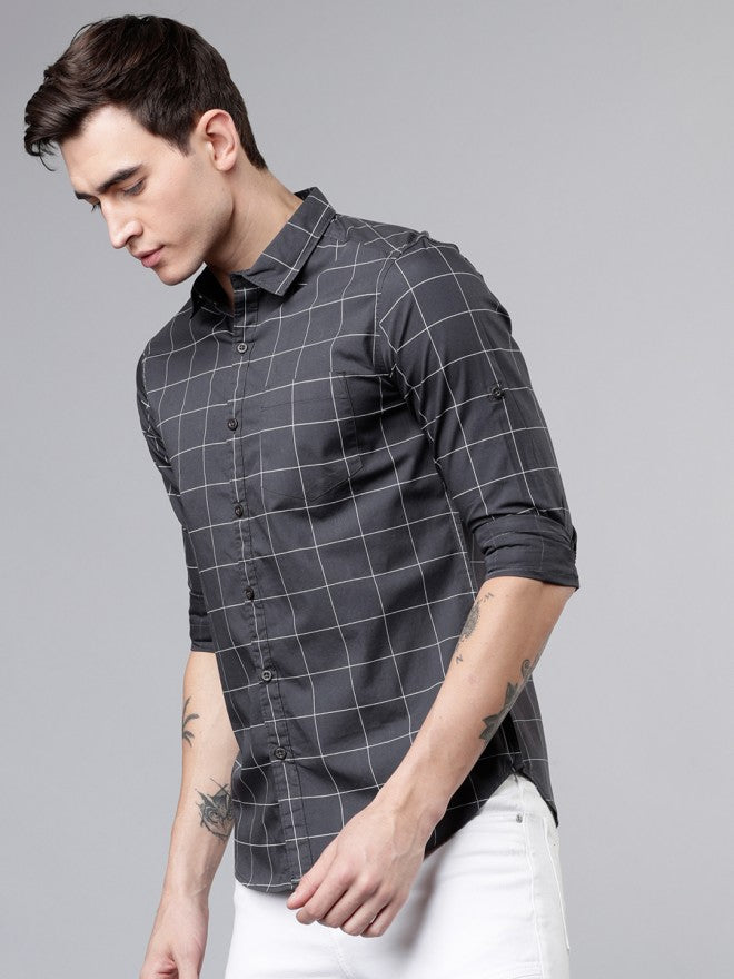 Mens Charcoal Grey & White Slim Fit Checked Casual Shirt - Grey - Image 1