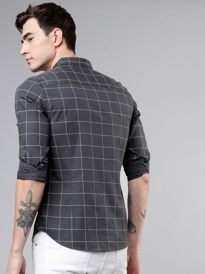 Mens Charcoal Grey & White Slim Fit Checked Casual Shirt - Grey - Image 3