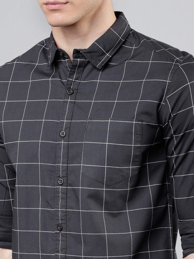 Mens Charcoal Grey & White Slim Fit Checked Casual Shirt - Grey - Image 4