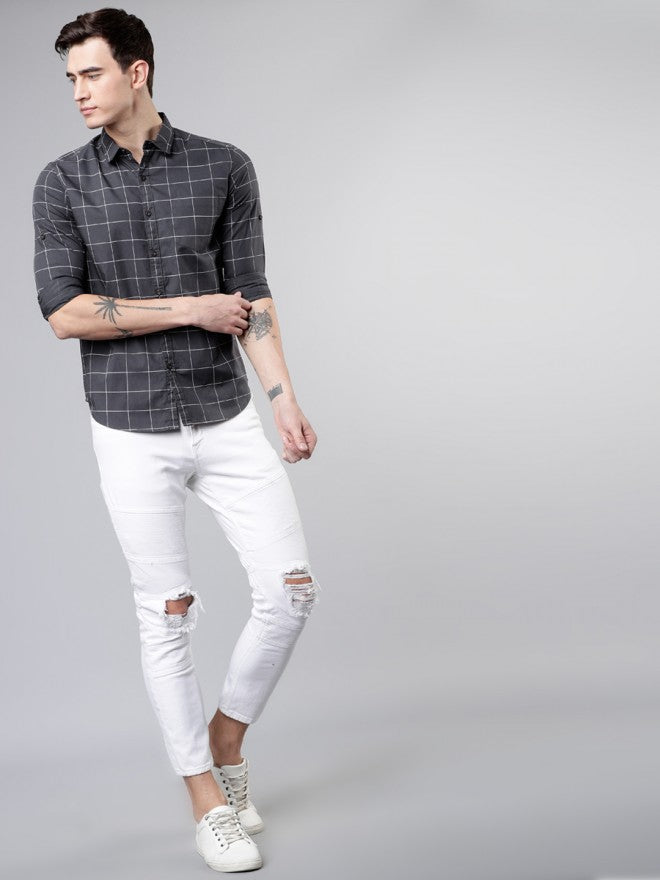 Mens Charcoal Grey & White Slim Fit Checked Casual Shirt - Grey - Image 5